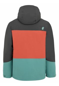 Vista trasera de una chaqueta con capucha con bloques de color en gris oscuro, naranja y verde azulado, con un pequeño logo en la parte superior derecha de la espalda.