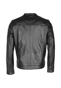 Sort læderjakke med lige pasform, glat tekstur og en enkel krave. Har paneldetaljer og knapmanchetter for en ekstra stil.