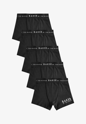 Caleçons noirs en coton, dotés d'une ceinture élastique de marque avec le texte "BAKER by TED BAKER", cinq paires disposées en pile.