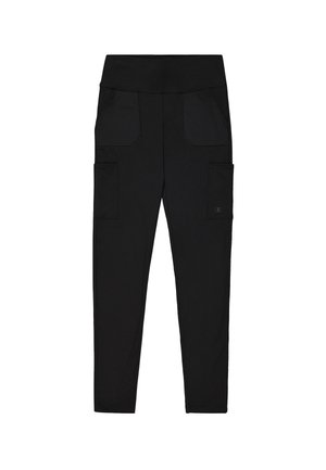 Pantalones cargo negros con una cintura alta, que cuentan con dos grandes bolsillos laterales y una tela suave y elástica para mayor comodidad y flexibilidad.