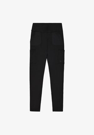Pantalones cargo negros con una cintura alta, que cuentan con dos grandes bolsillos laterales y una tela suave y elástica para mayor comodidad y flexibilidad.