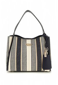 Geantă tote cu dungi în crem și bleumarin, din țesătură texturată. Are două mânere, logo auriu și un accesoriu pentru breloc detașabil.