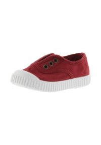 Scarpa slip-on in tela rossa con suola in gomma bianca e punta rinforzata, dotata di tre occhielli in bronzo lungo l'elastico per una vestibilità sicura.