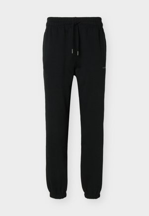 Mustad elastse vöökohaga jooksupüksid nööriga, küljetaskutega, kitsenevate säärte ja elastsete varrukatega.