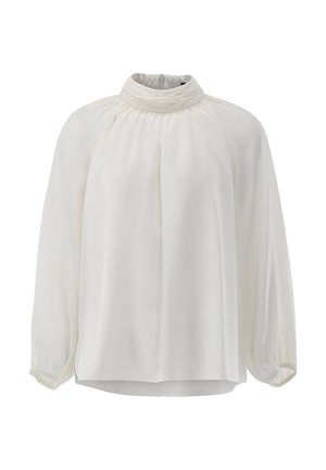 Weißes Blusenshirt mit hohem Kragen und gerafften Details. Lange, voluminöse Ärmel, elastische Bündchen und ein glattes, leichtes Material.