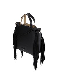 Fekete bőr kézitáska hosszú velúr rojttal, dupla felső fogantyúval és levehető pánttal. Minimalista dizájn és cipzáras záródás jellemzi.