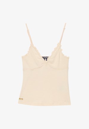 Roomkleurige gestreepte camisole top met geschulpte randen, verstelbare dunne schouderbandjes en geborduurd gouden "Superdry"-logo aan de zoom.