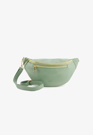 Mintgroene leren heuptas met een textuur, gouden ritsen en een verstelbare schouderband. Heeft een voorklep met rits voor gemakkelijke toegang.