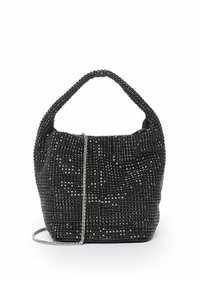 Zwarte beaded handtas met een ronde vorm, gestructureerd ontwerp en een kort handvat. Voorzien van een zilveren kettingschouderriem en ingewikkelde bead-details.