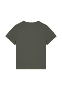 Donkergroene T-shirt met korte mouwen en een klassieke ronde hals, gemaakt van zachte katoenen stof, met een eenvoudige achterkant zonder versieringen.