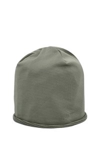 Olivgrön mössa med en mjuk, strukturerad textur, cylindrisk form och en vikning i nederkant.