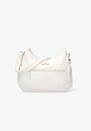 Borsa a spalla in pelle bianca con superficie texturizzata, con una tracolla regolabile singola e una tasca frontale con zip. Dettagli in tono oro.