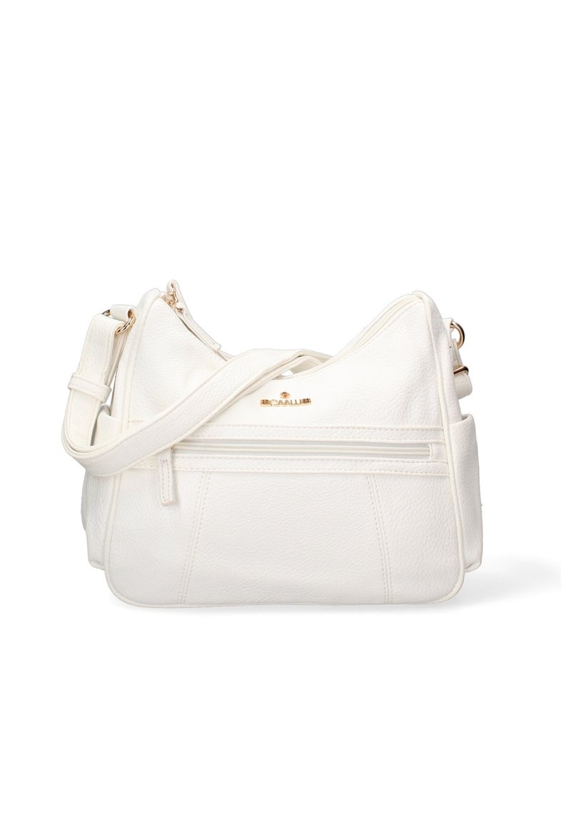 Borsa a spalla in pelle bianca con superficie texturizzata, con una tracolla regolabile singola e una tasca frontale con zip. Dettagli in tono oro.