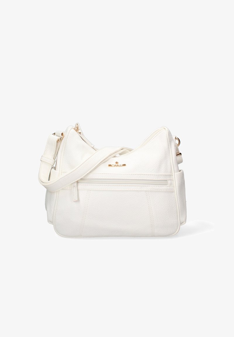 Borsa a spalla in pelle bianca con superficie texturizzata, con una tracolla regolabile singola e una tasca frontale con zip. Dettagli in tono oro.
