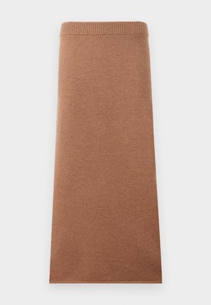 Brauner, gestrickter Midi-Rock mit einem engen elastischen Bund. Glatte Textur, gerader Schnitt und keine sichtbaren Muster oder Akzente.