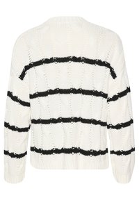 Pull en maille blanc et noir. Présente des rayures horizontales, une texture en tricot torsadé, et une bordure côtelée aux poignets et à l'ourlet. Conception en maille ouverte avec une coupe décontractée.