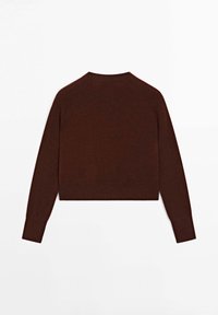 Brązowy krótki sweter z długimi rękawami, prążkowanym dekoltem i dołem, gładką teksturą oraz minimalistycznym wzornictwem. Idealny do warstwowego noszenia w chłodniejsze dni.