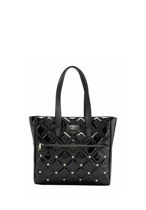Black glossy tote bag with quilted pattern and gold heart studs on the front pocket, featuring two handles and a small gold logo plate.
