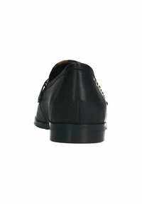 Black leather shoe with a rounded heel, smooth texture, and minimal hardware accents. Features a sleek design with contrasting stitching.