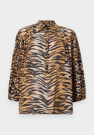 Langermet bluse med plissert erme, tigerprintmønster i nyanser av oransje, svart og beige, og knappelukking foran med spiss krage.