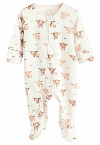 Body bianco per bambino con illustrazioni di mucche marroni giocose e la scritta "moo!" su tutta la superficie; chiusura con zip e morbido materiale in cotone.