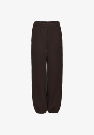 Czarne luźne spodnie dresowe z elastycznym pasem i ściągaczami przy kostkach, wykonane z miękkiego materiału do codziennego noszenia.