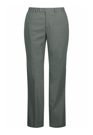 Szare, dopasowane spodnie o prostym kroju nogawki, z przodu zapięcie na guzik i zamek oraz szlufki na pasek.