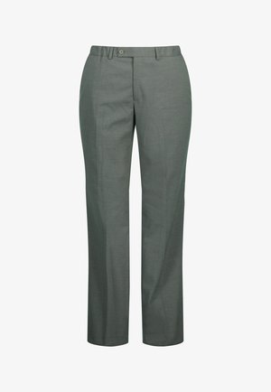 Graue maßgeschneiderte Hose mit geradem Bein, Knopf- und Reißverschluss vorne sowie Gürtelschlaufen.