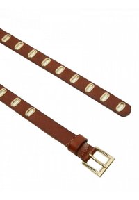 Cintura in pelle marrone con accenti in metallo dorato e aperture ovali, dotata di una fibbia rettangolare e una superficie liscia.