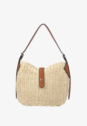 Beige vævet håndtaske med brun læderstrop og lukkelap med sølvknap, designet til skulderbrug.