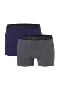 Deux paires de boxers pour hommes, l'une en violet foncé et l'autre en gris, avec des ceintures élastiques noires portant la marque "CATERPILLAR".