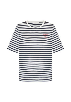 Wit en marineblauw horizontaal gestreept kortermig shirt met rode "merci" tekst en een hart geborduurd op de linkerborst.