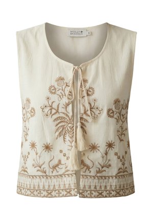 Gilet crème sans manches avec col rond, broderie botanique beige, liens à pompons à l'avant et ourlet à motifs, taille petite par Molly Bracken.