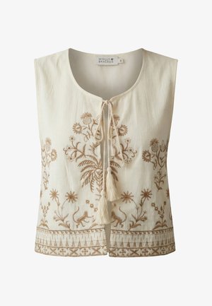 Gilet crème sans manches avec col rond, broderie botanique beige, liens à pompons à l'avant et ourlet à motifs, taille petite par Molly Bracken.