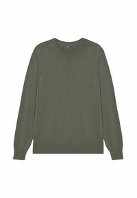 Pulover tricotat verde măsliniu, cu gât rotund, mâneci lungi, mansete și tiv cu dantelă. Textură netedă și design simplu. Fără embellishments vizibile.