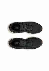 Black athletic shoes with a mesh upper, flat laces, and a smooth white sole. Features subtle branding on the tongue and inner lining.