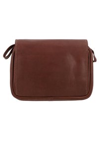 Brun läder crossbody-väska med en slät yta, rektangulär form och en klaffstängning. Diskreta sömmar längs kanterna.