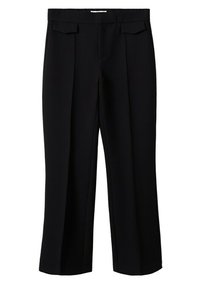 Pantalons noirs ajustés avec une taille haute, des plis à l'avant et deux poches latérales. Fabriqués dans un tissu lisse avec une coupe droite.