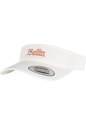 Hvit visir caps med brodert "Ballin" i oransje. Har justerbart bånd og buet skjerm for solbeskyttelse. Laget av bomull.