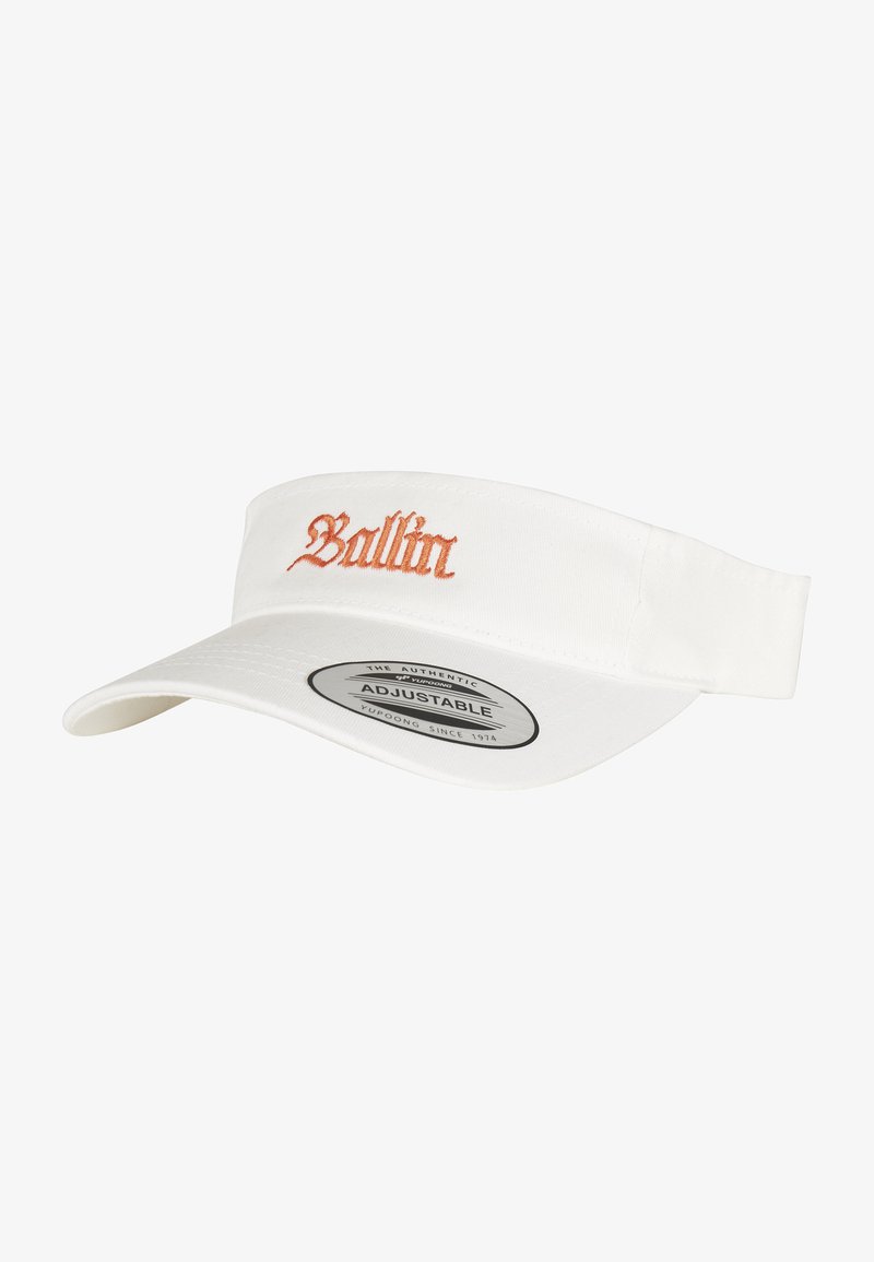 White visor cap with embroidered "Ballin" in orange. Features an adjustable band and a curved brim for sun protection. Made from cotton.
