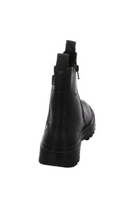 Stivaletti in pelle nera con una texture liscia, cerniera posteriore, linguetta e una suola robusta con battistrada per una presa ottimale.