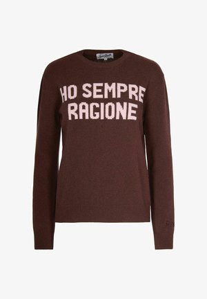Maglione lavorato a maglia marrone con la frase "HO SEMPRE RAGIONE" in rosa pallido, colletto rotondo e polsini e orlo a coste.