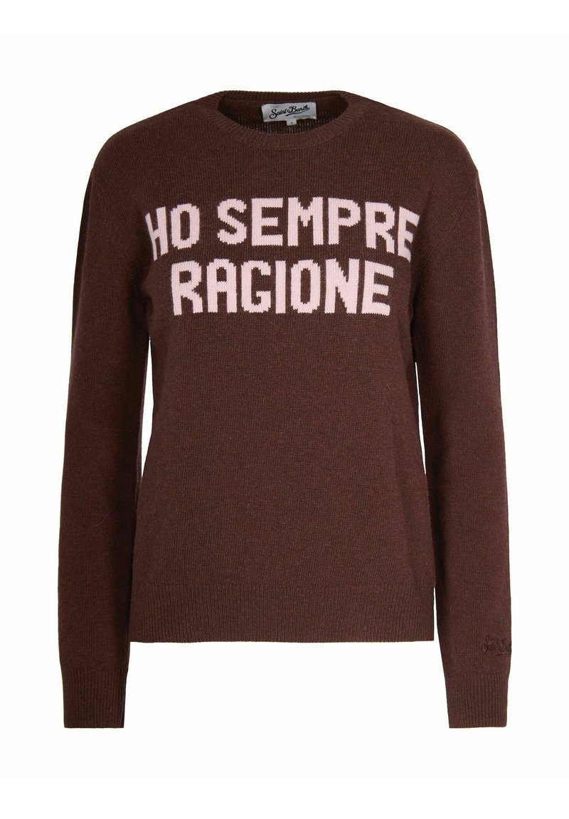 Maglione lavorato a maglia marrone con la frase "HO SEMPRE RAGIONE" in rosa pallido, colletto rotondo e polsini e orlo a coste.