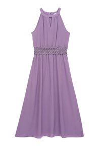 Lavanda haljina s halter izrezom, ključnim otvorom sprijeda i čipkastim pojasom. Tekstura tkanine je glatka, a kroj je A-linije.