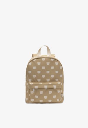 Beige kinderrugzak met patroon van witte teddybeerhoofdjes, voorvak met rits en witte draaghendel en verstelbare riemen.