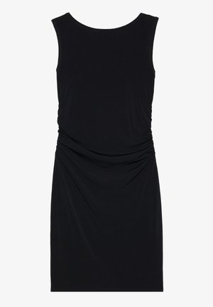 Black sleeveless dress in soft fabric, featuring a round neckline and side ruching details. Knee-length with a smooth texture.