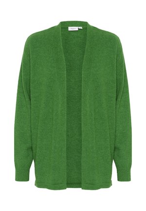 Cardigan deschis, verde, realizat dintr-un material moale și texturat. Are mâneci lungi și manșete cu nervuri, având o croială lejeră și fără nasturi.