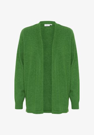 Grøn åben cardigan lavet af blødt, tekstureret materiale. Har lange ærmer og ribstrikkede manchetter, med en afslappet pasform og uden knapper.