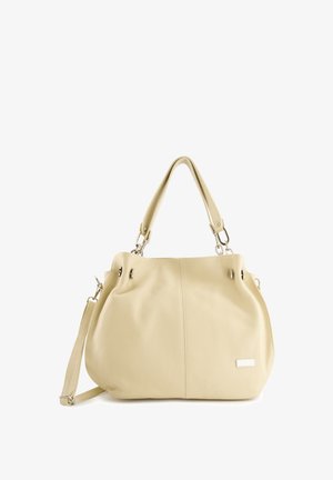 Kremowa skórzana torebka o teksturowanej powierzchni, z podwójnymi uchwytami i regulowanym paskiem na ramię. Posiada metalowe okucia i prostą logo.