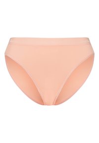 Peach-colored women's panties with a smooth texture, high-cut design, and a thin elastic waistband featuring a subtle logo detail.